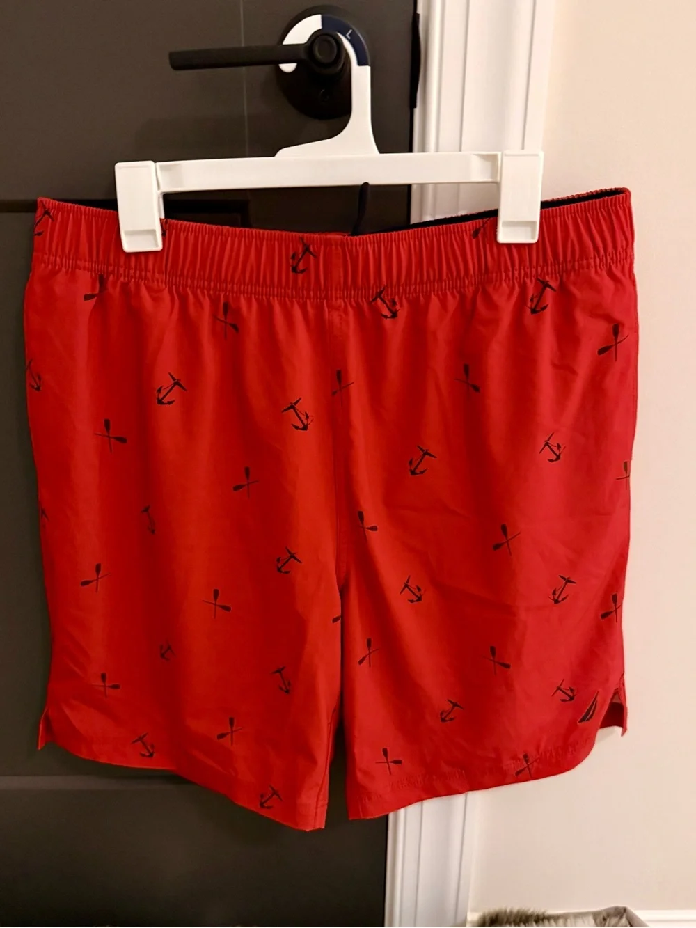 Nautica Red Swim Trunks with Navy Anchor Print